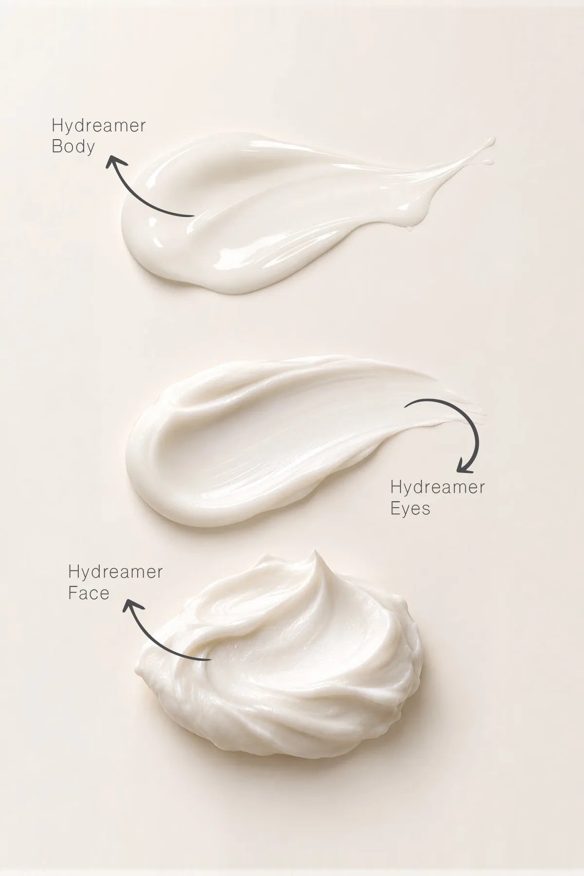 Hydreamer Body losyonu ile Eyes ve Face kremlerinin doku görünümü